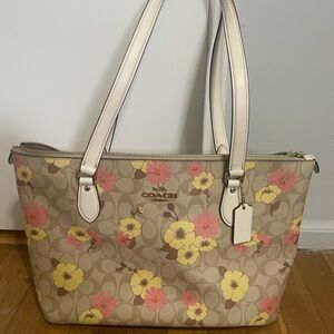 Coach Beige Tote with Pink and Yellow Floral Design